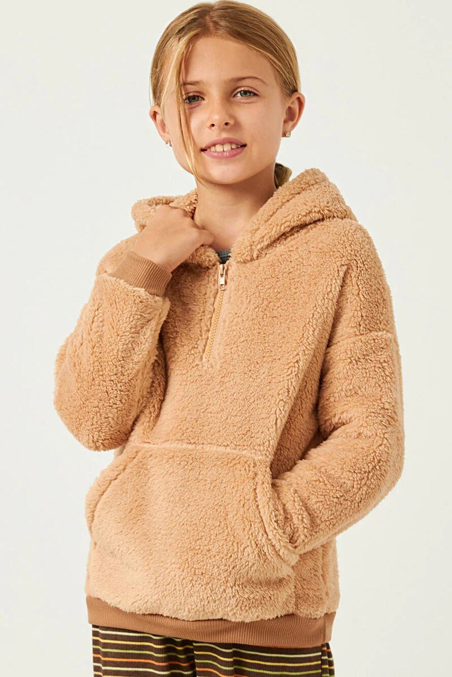 Fuzzy Tan Pullover Hooded Sweatshirt Jacket with Pockets Medium